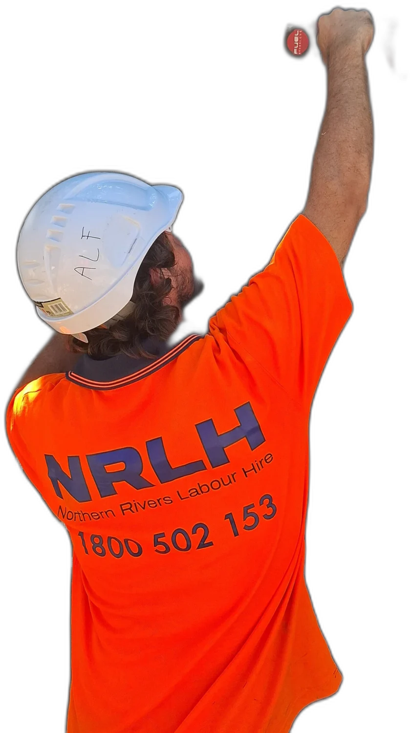 An NRLH labourer in a white hard hat seen from behind, reaching up with a drill, NRLH and 1800 502 153 printed on his orange shirt