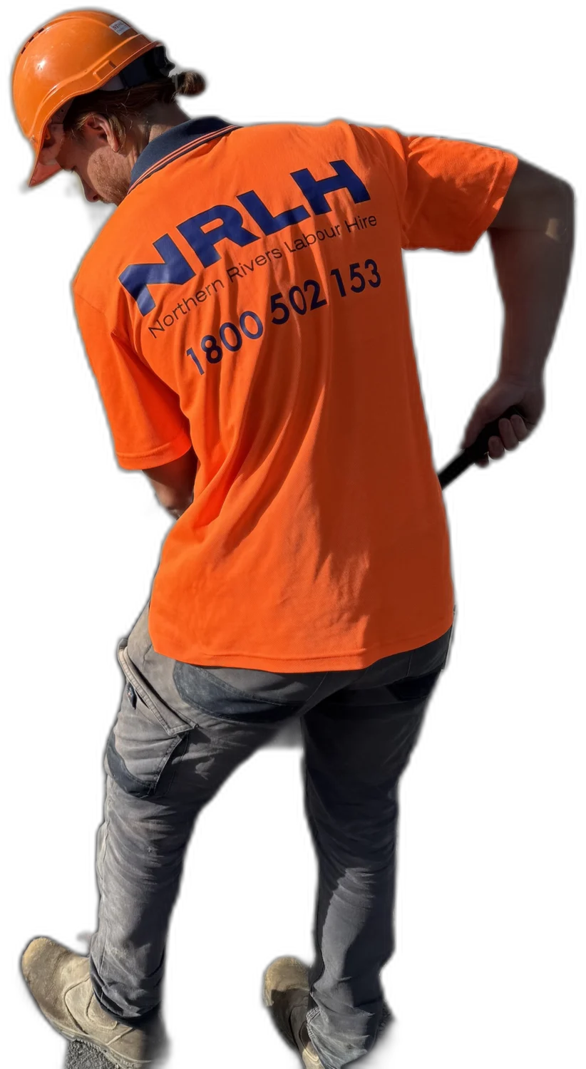 An NRLH labourer in an orange hard hat seen from behind, NRLH and 1800 502 153 printed on his orange shirt