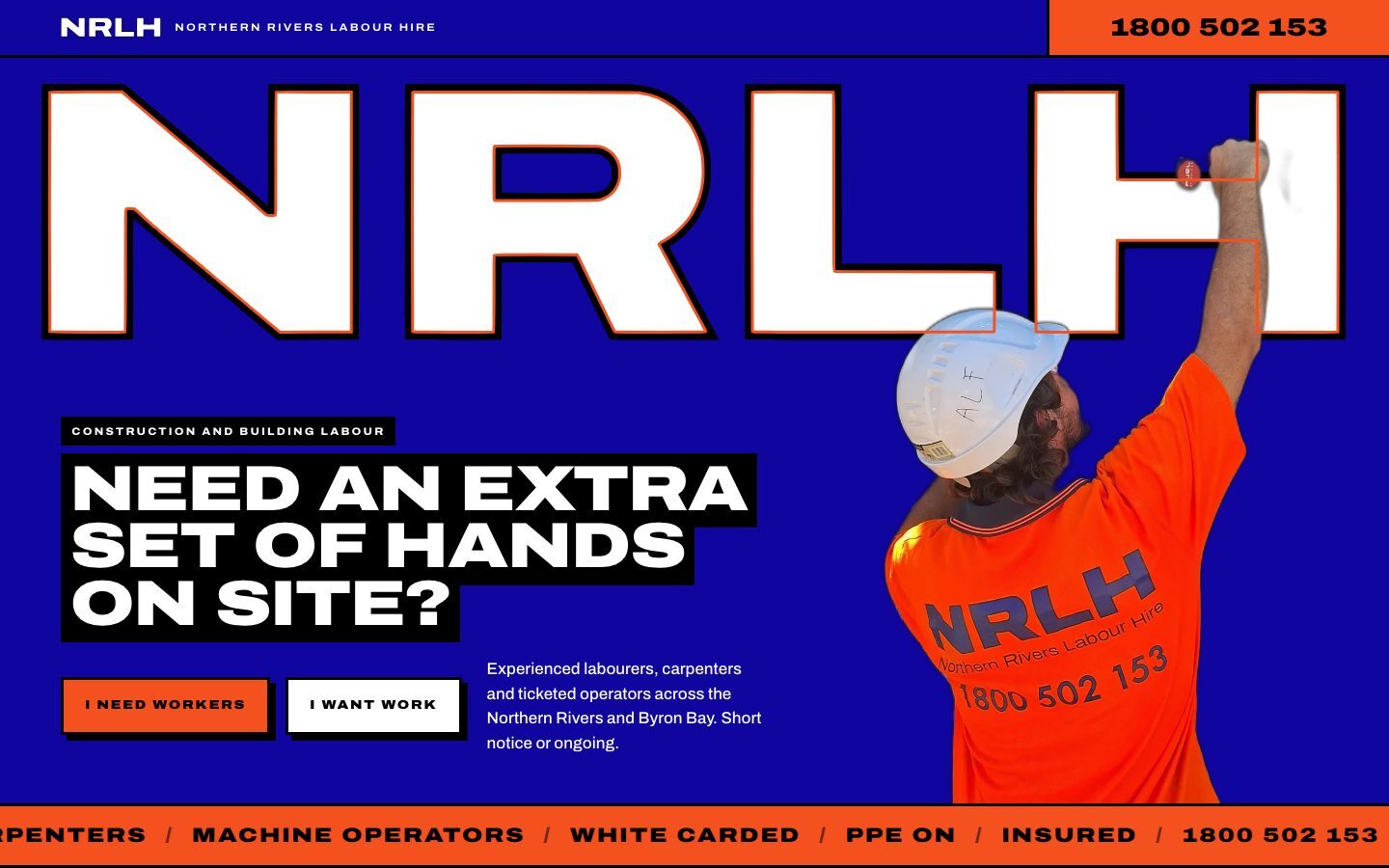 Direction A: white NRLH letters on blue with a labourer reaching up in front of them