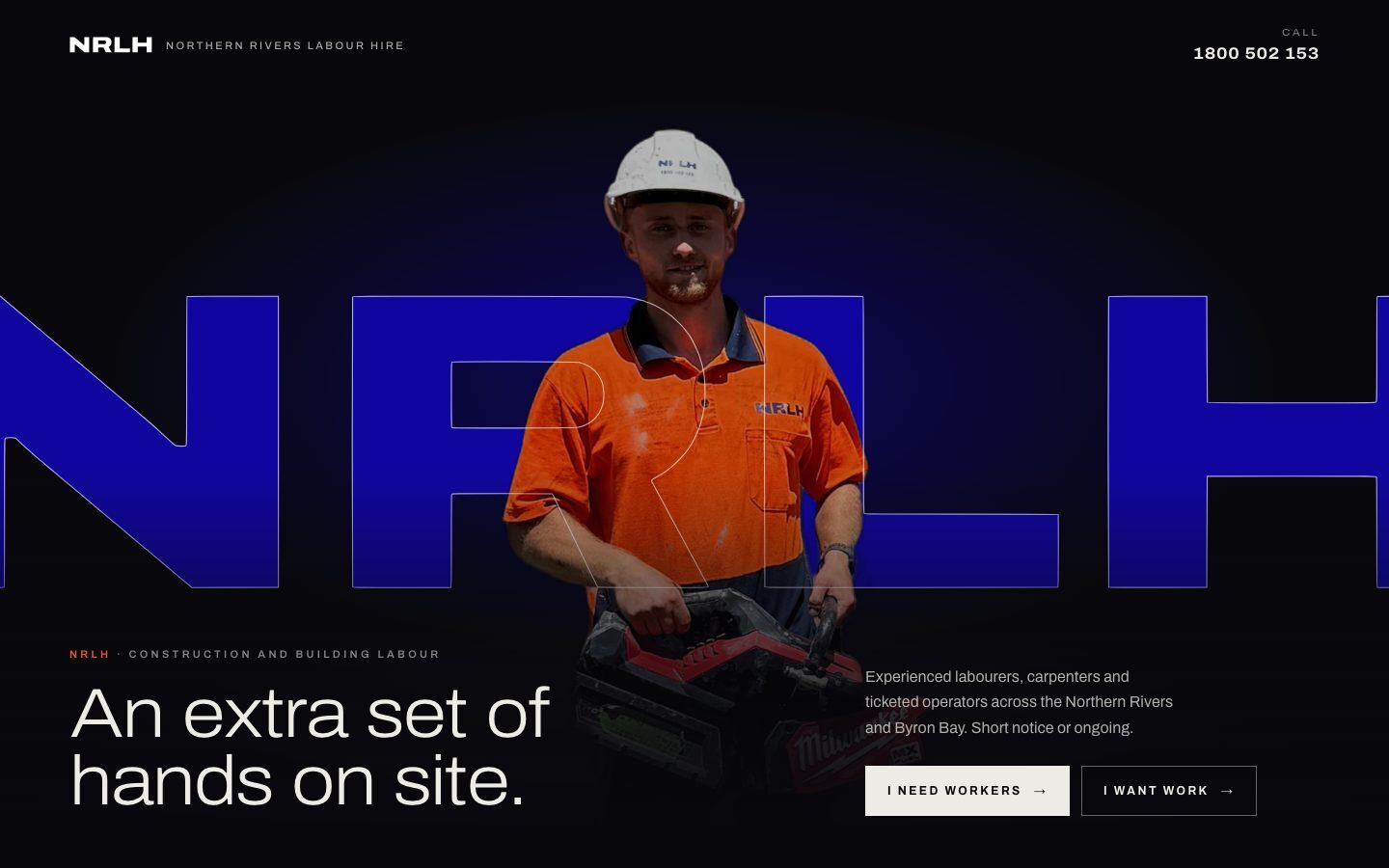 Direction B: blue NRLH letters on black behind a labourer holding a saw